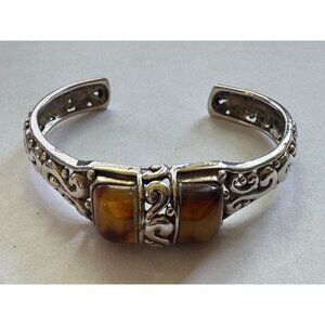 Vintage Size 6 Unbranded 925 Sterling Silver Cuff Bracelet w/Brown Gemstones
